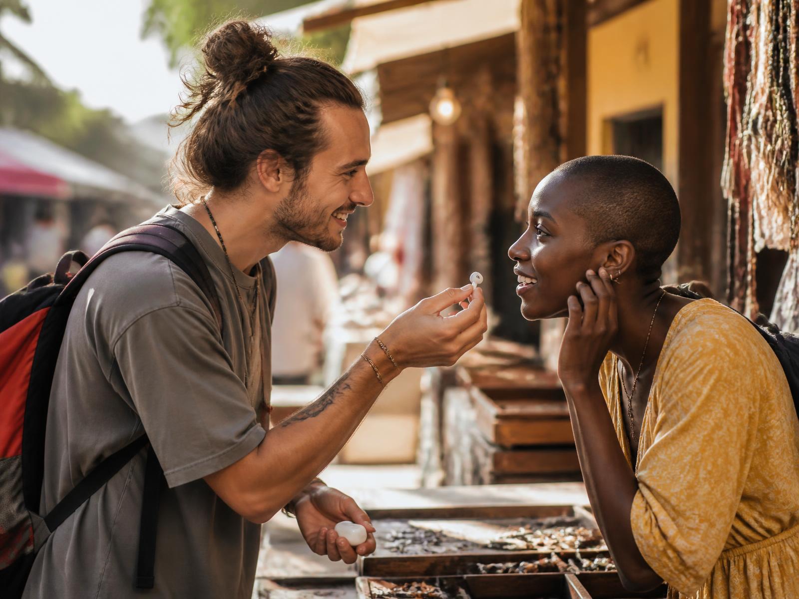 Two travellers talking face to face at a market stall while sharing a single wireless earbud
