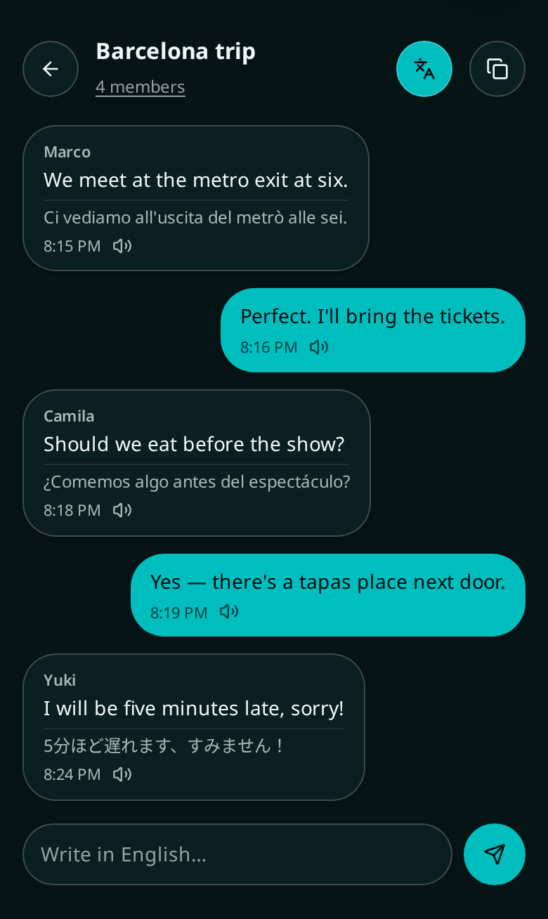 Parlivon group chat thread where each message is shown translated with the original text underneath