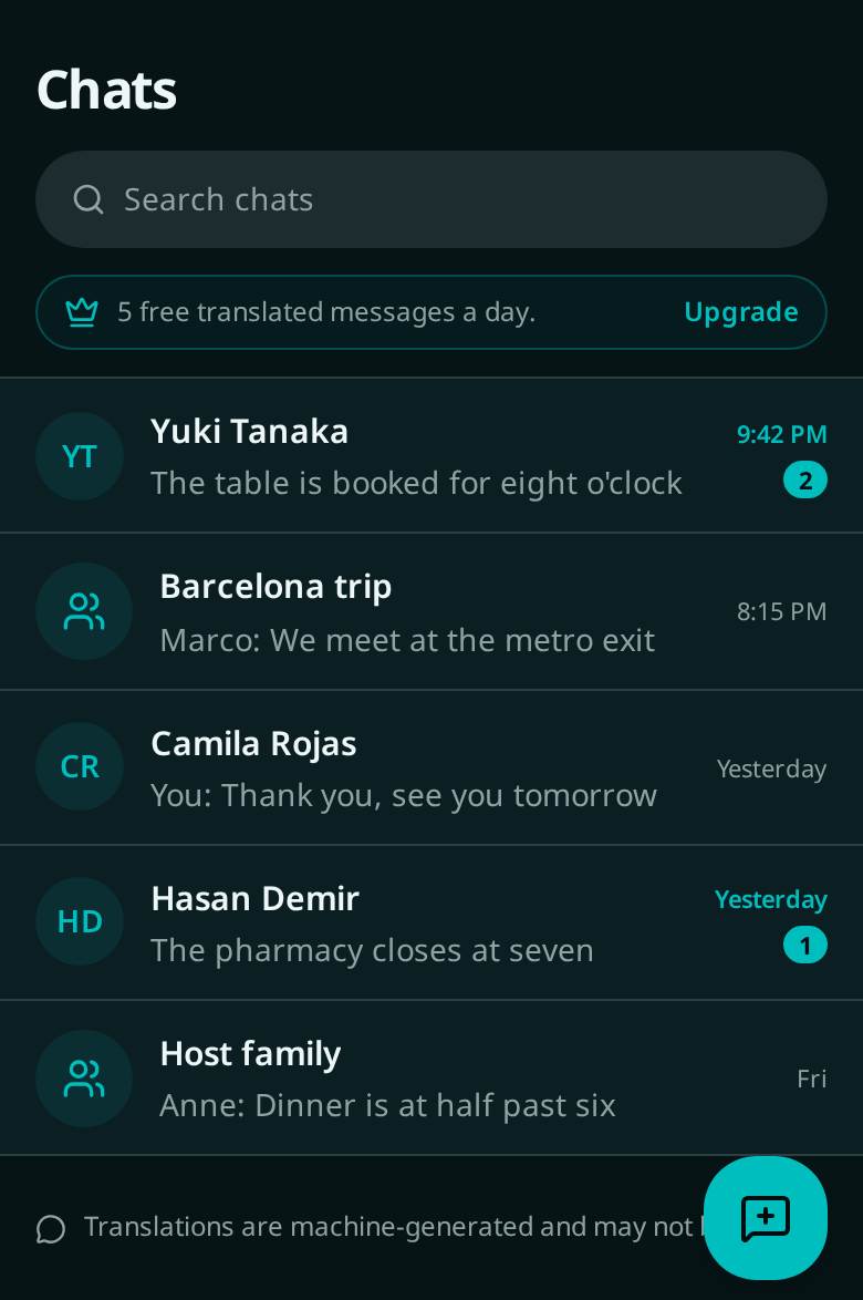 Parlivon chat list showing one-to-one and group conversations with unread badges and the free daily message notice